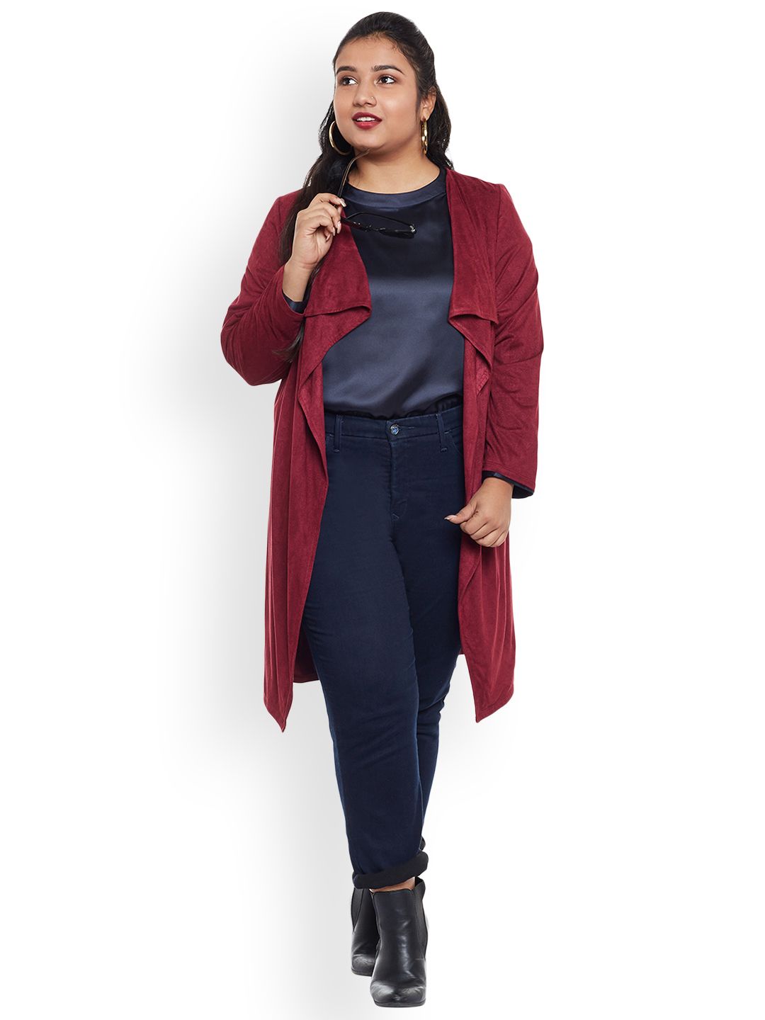 NuBella Plus Size Maroon Solid Longline Waterfall Shrug with Suede Finish Price in India