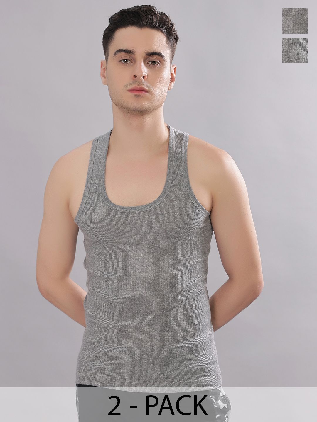 Dollar Bigboss Men Solid Pack of 2 Grey Cotton Stretch Rib Regular Fit Casual Vest