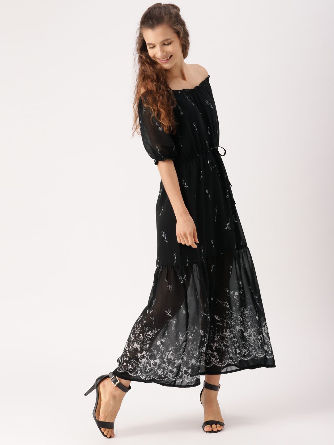 DressBerry Women Black Printed Off-shoulder A-Line Maxi Dress Price in India