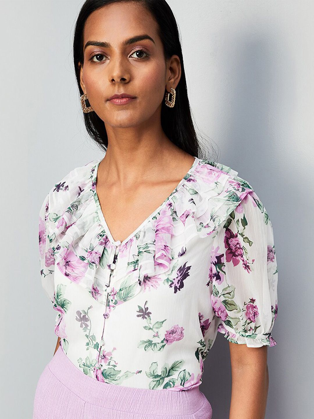 max Floral Printed Puff Sleeves Ruffled Top Price in India