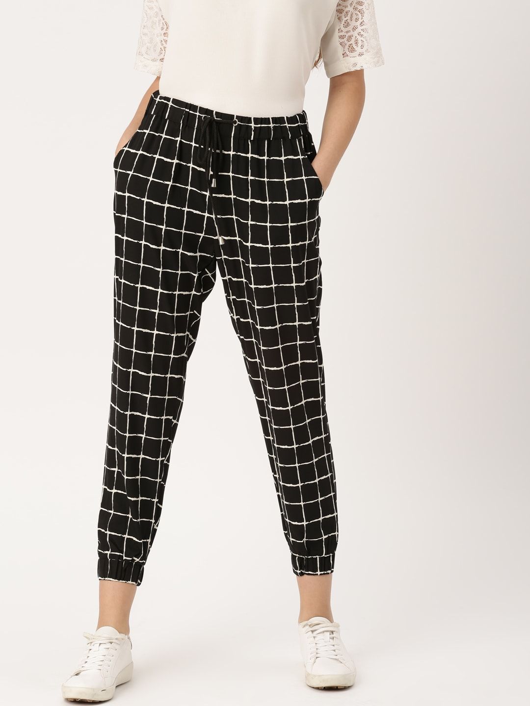 DressBerry Women Black & White Regular Fit Checked Joggers Price in India
