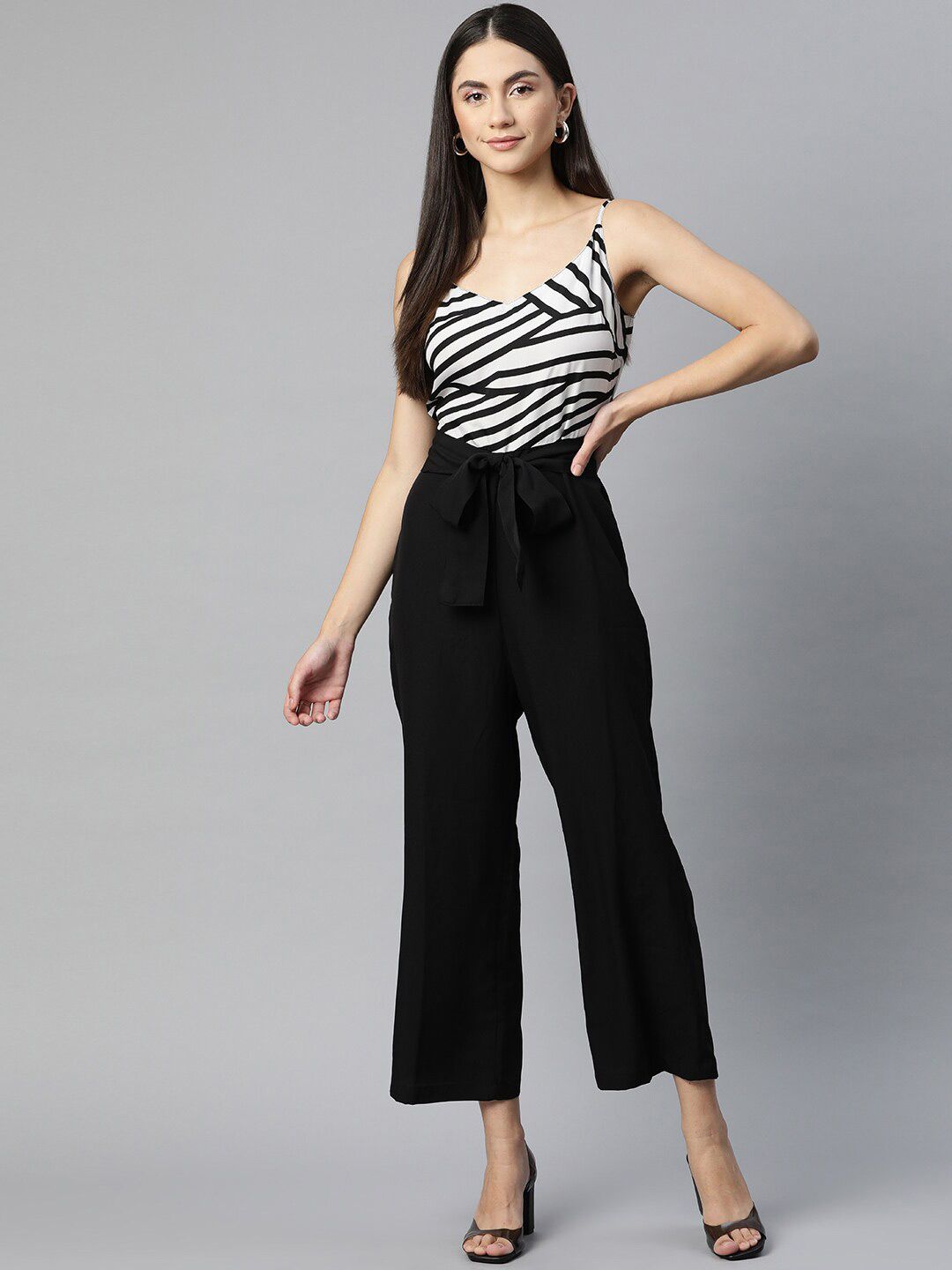 Sleek Italia Striped Sleeveless Waist TIe-Up Basic Jumpsuit Price in India