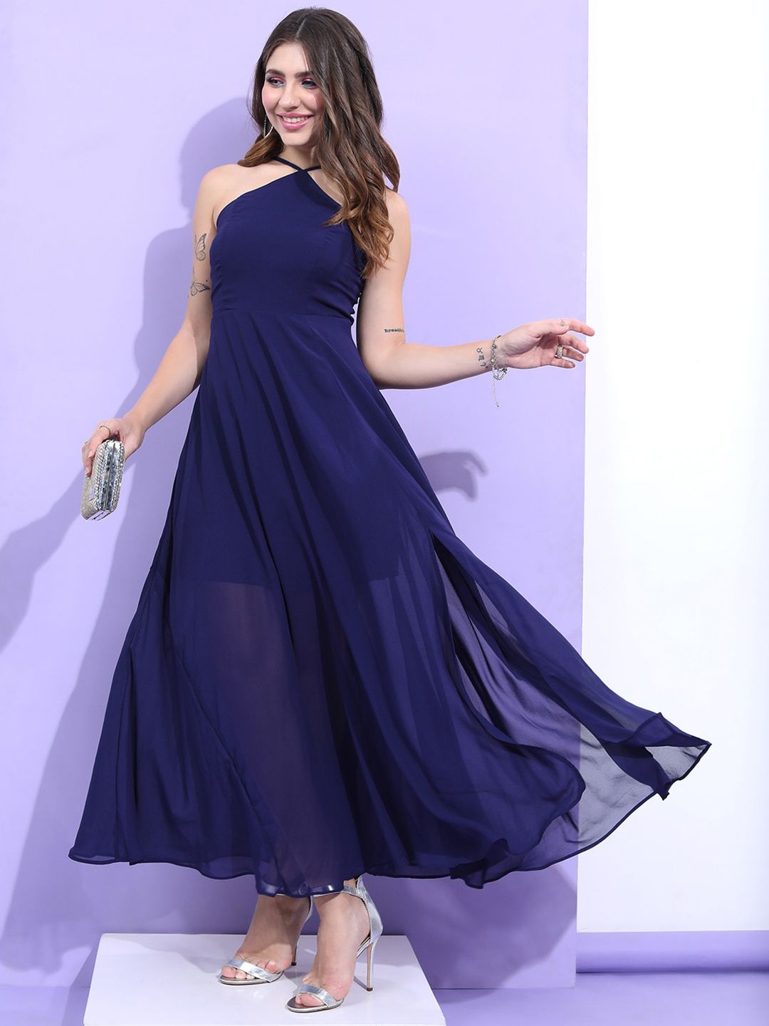 Tokyo Talkies Navy Blue Shoulder Straps Maxi Dress Price in India