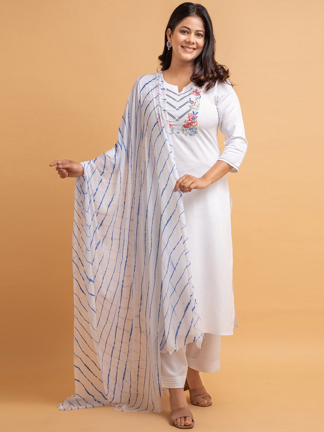 SUTI Floral Yoke Design Regular Thread Work Kurta With Trousers & Dupatta Price in India