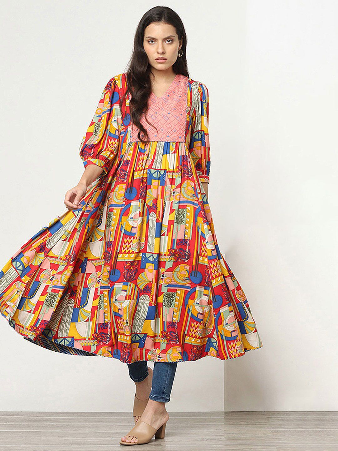 Marigold Lane Geometric Printed Fit & Flare Midi Dress Price in India