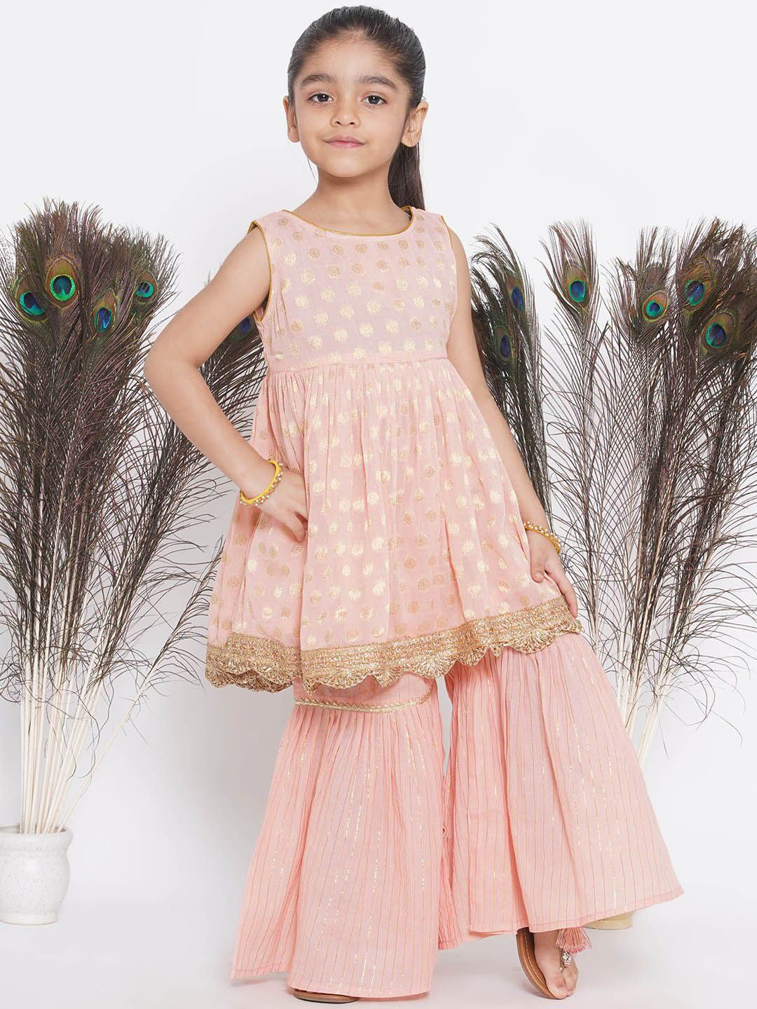 Little Bansi Girls Woven Design Sequinned Pure Cotton Kurta With Sharara & Dupatta