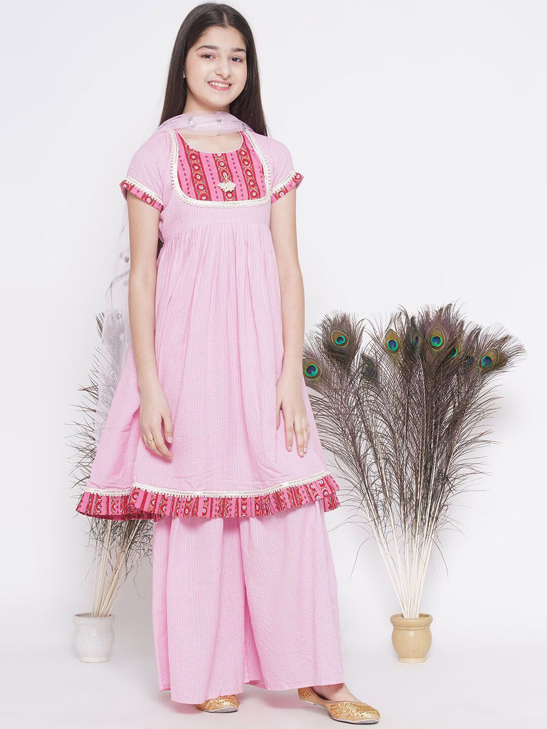 Little Bansi Girls Striped Patch Work Pure Cotton Kurta With Sharara & Dupatta