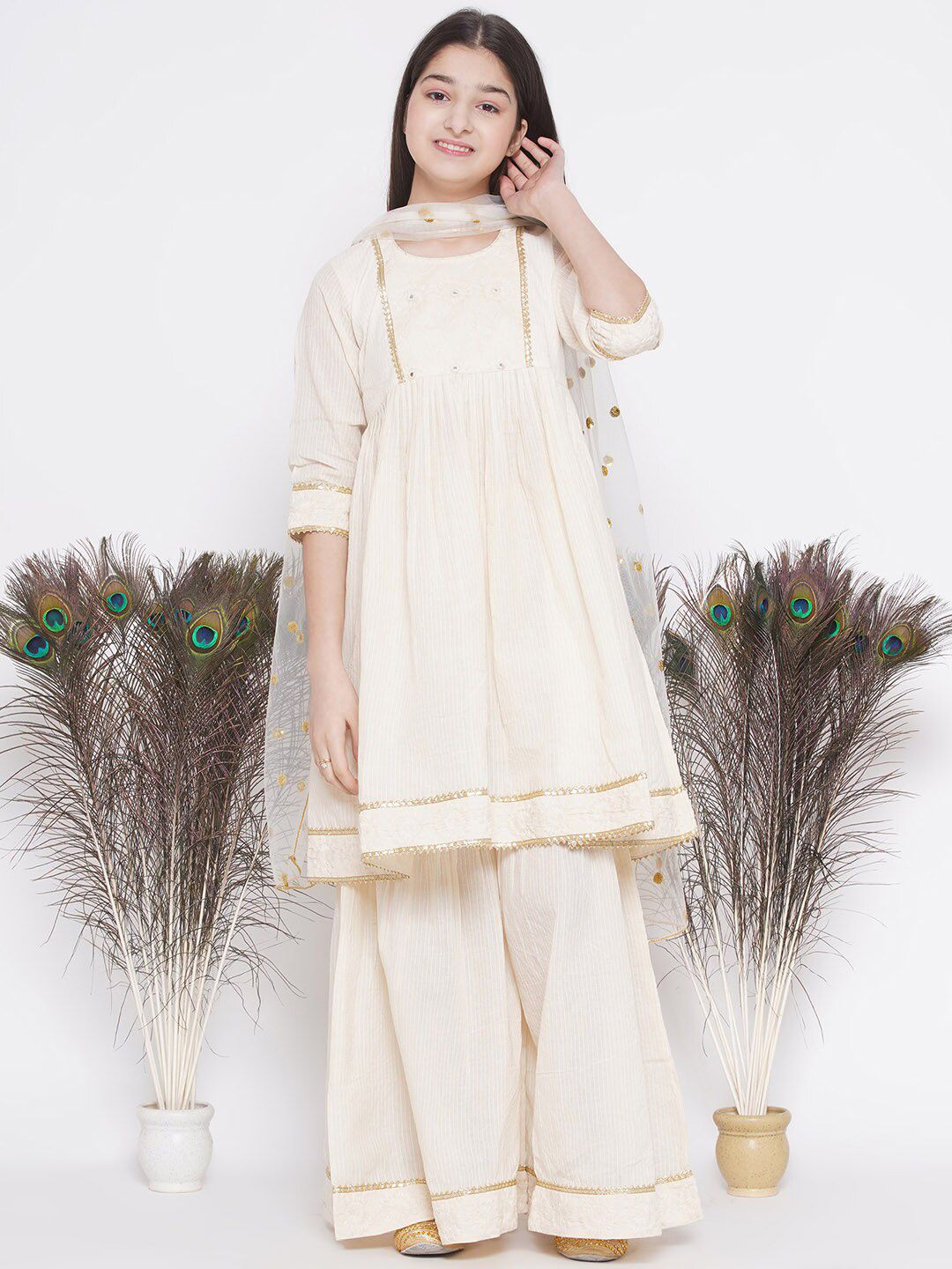 Little Bansi Girls Regular Thread Work Pure Cotton Kurta With Sharara & Dupatta