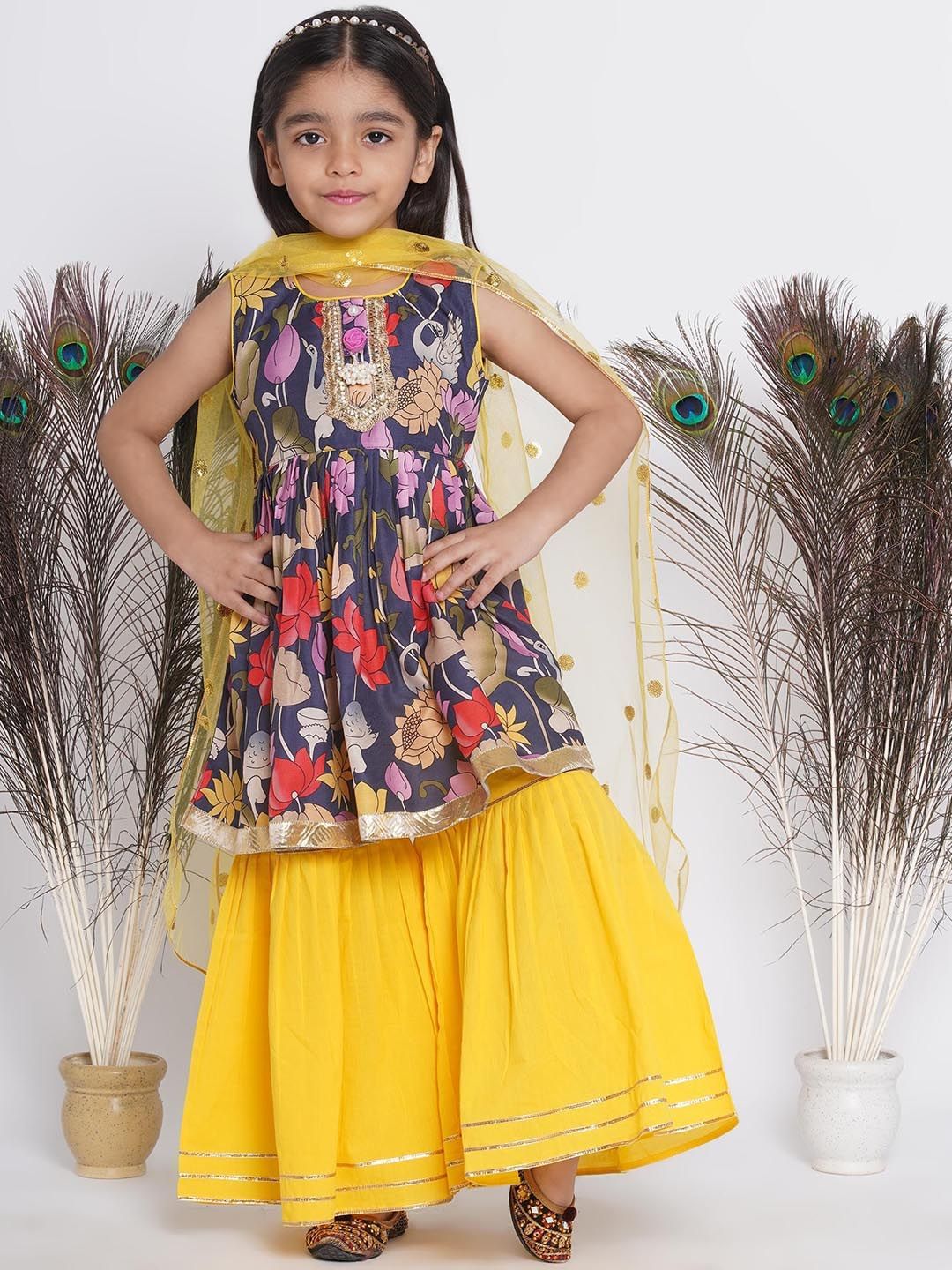 Little Bansi Girls Floral Printed Regular Pure Silk Kurta With Sharara & Dupatta