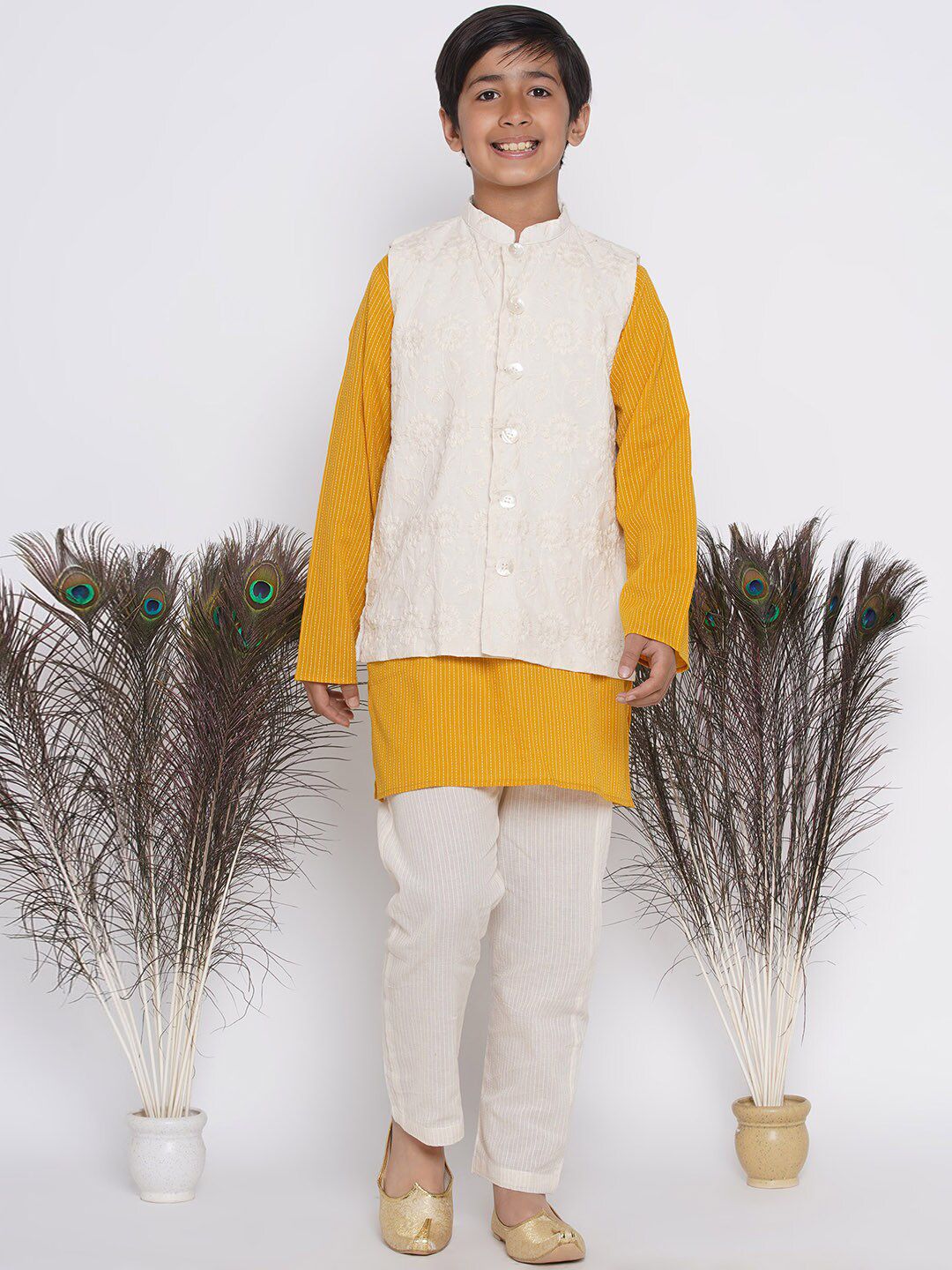 Little Bansi Boys Striped Regular Pure Cotton Kurta With Pyjamas & Nehru Jacket