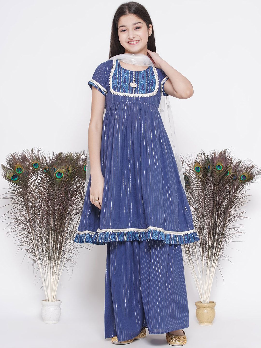 Little Bansi Girls Pure Cotton Kurta with Sharara & Dupatta
