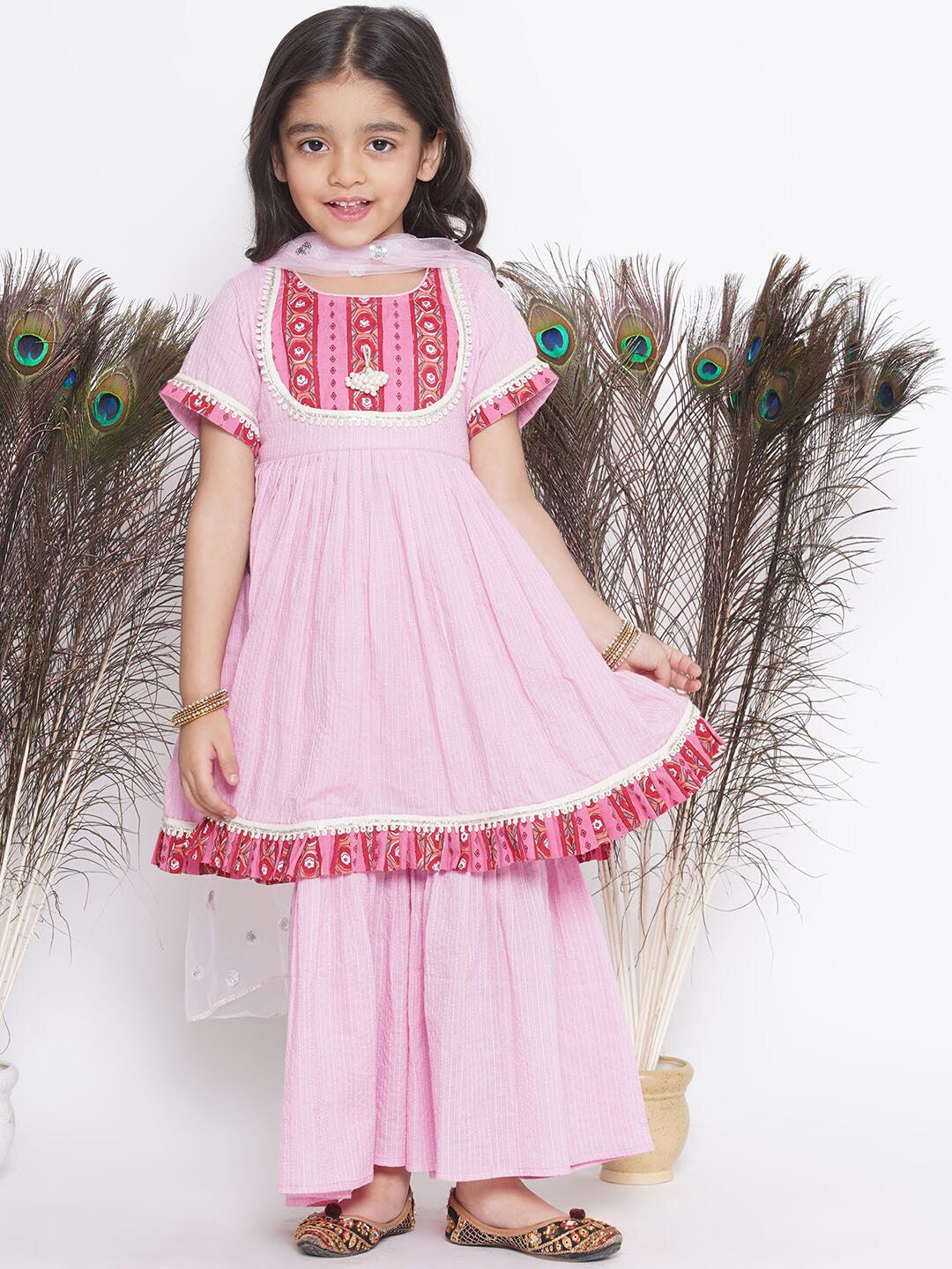 Little Bansi Girls Ethnic Motifs Printed Pure Cotton Kurta With Sharara & Dupatta