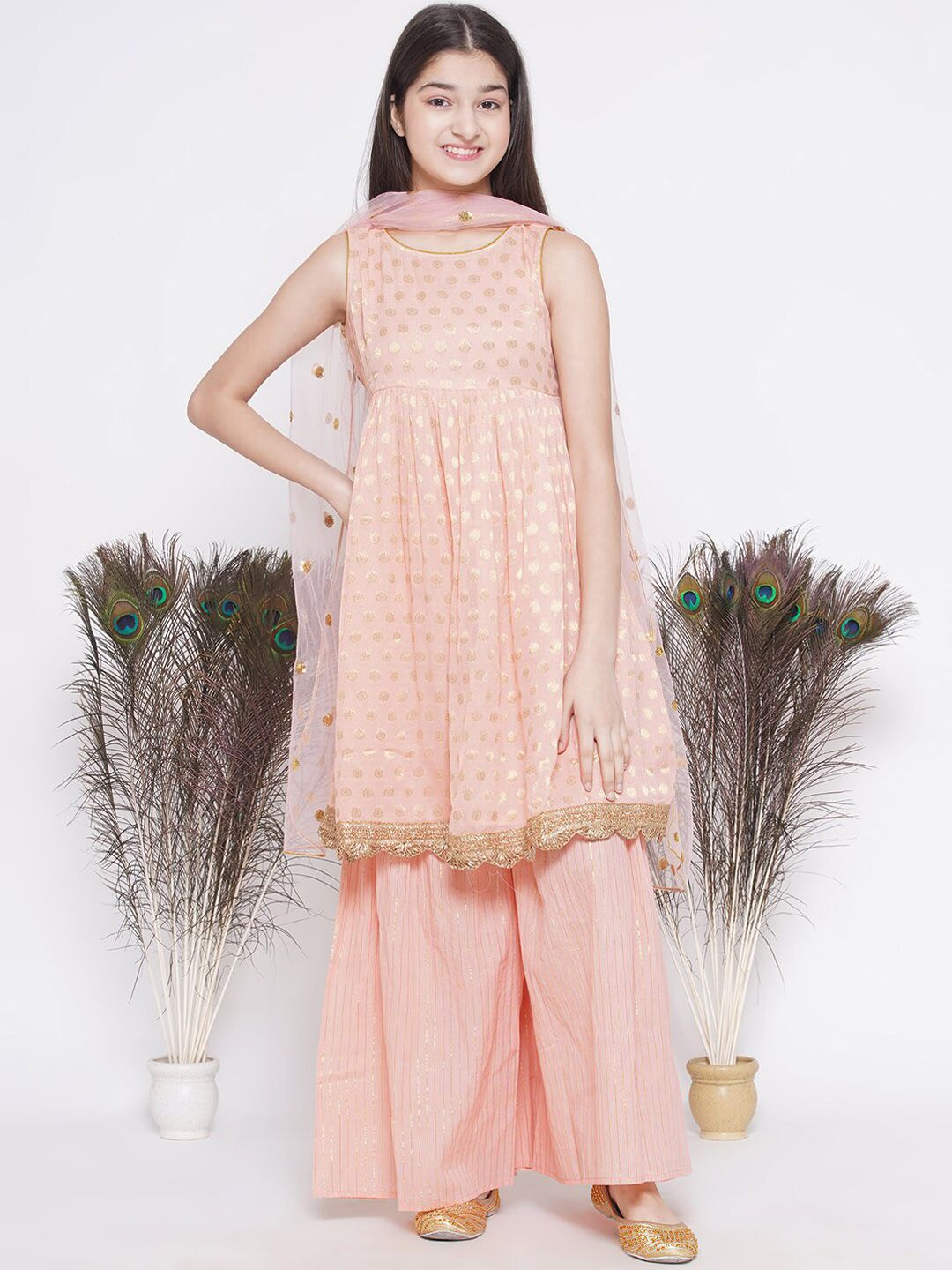 Little Bansi Girls Ethnic Motifs Printed Pure Cotton Kurta With Sharara & With Dupatta