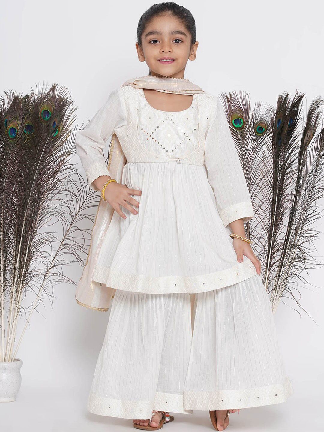 Little Bansi Girls Ethnic Embroidered Mirror Work Pure Cotton Kurta With Sharara & Dupatta