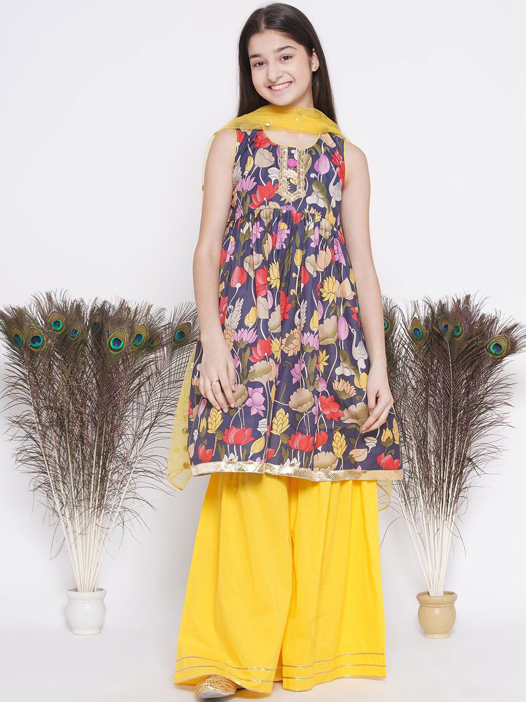 Little Bansi Girls Floral Printed Pure Silk A-Line Kurta With Sharara & Dupatta