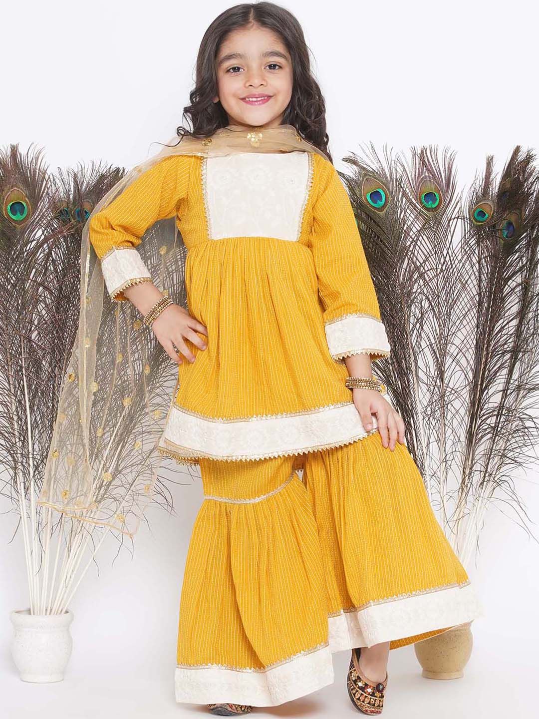 Little Bansi Girls Regular Thread Work Pure Cotton Kurta With Sharara & Dupatta