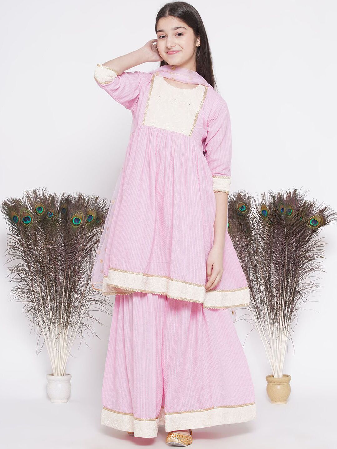 Little Bansi Girls Gotta Patti Detailed Striped Pure Cotton Kurta With Sharara & Dupatta