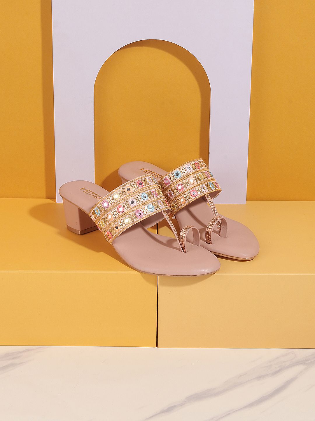 Metro Open One Toe Ethnic Embellished Block Heels