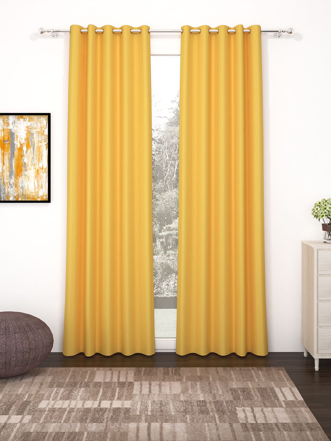 Story@Home Faux Silk Solid 300GSM Mustard Room Darkening Blackout Door Curtain - Set of 2 Price in India