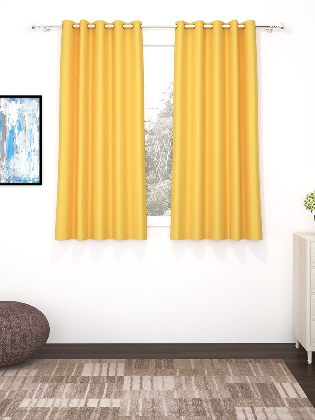 Story@Home Faux Silk Solid Solid 300GSM Mustard Room Darkening Blackout Window Curtain - Set of 2 Price in India