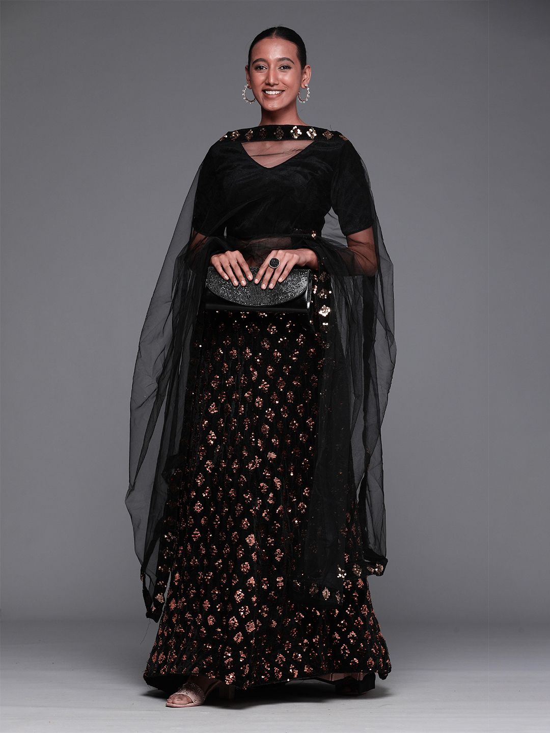 Sangria Rose Gold & Black Sequinned Embellished Lehenga Choli Price in India