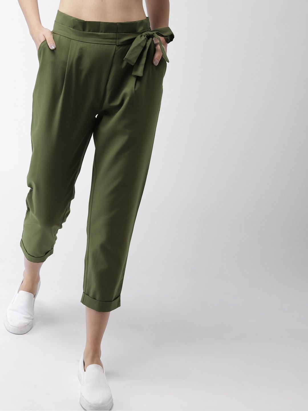 Mast & Harbour Women Olive Green Regular Fit Solid Peg Trousers Price in India