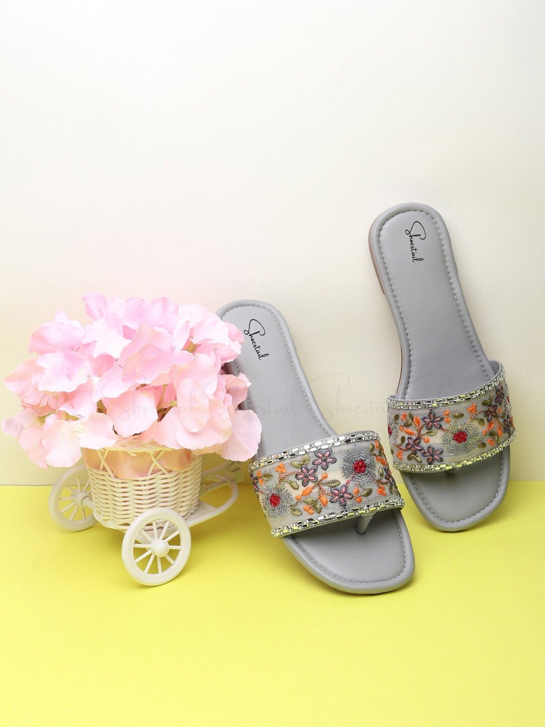 Shoestail Embroidered Open Toe Flats Price in India