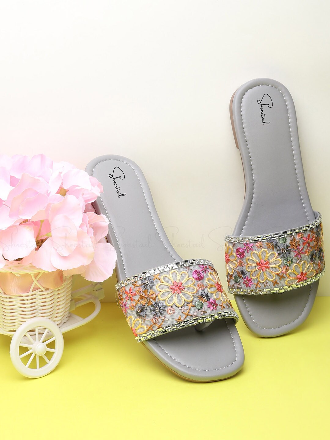Shoestail Embellished Open Toe Flats Price in India