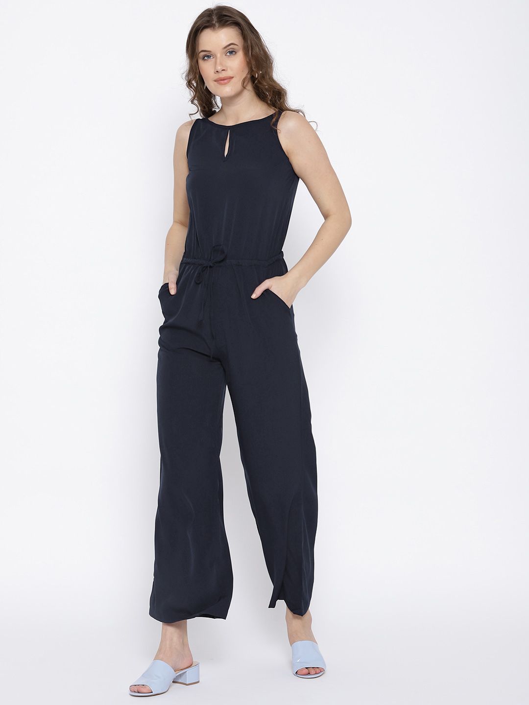 Cottinfab Navy Blue Solid Basic Jumpsuit Price in India