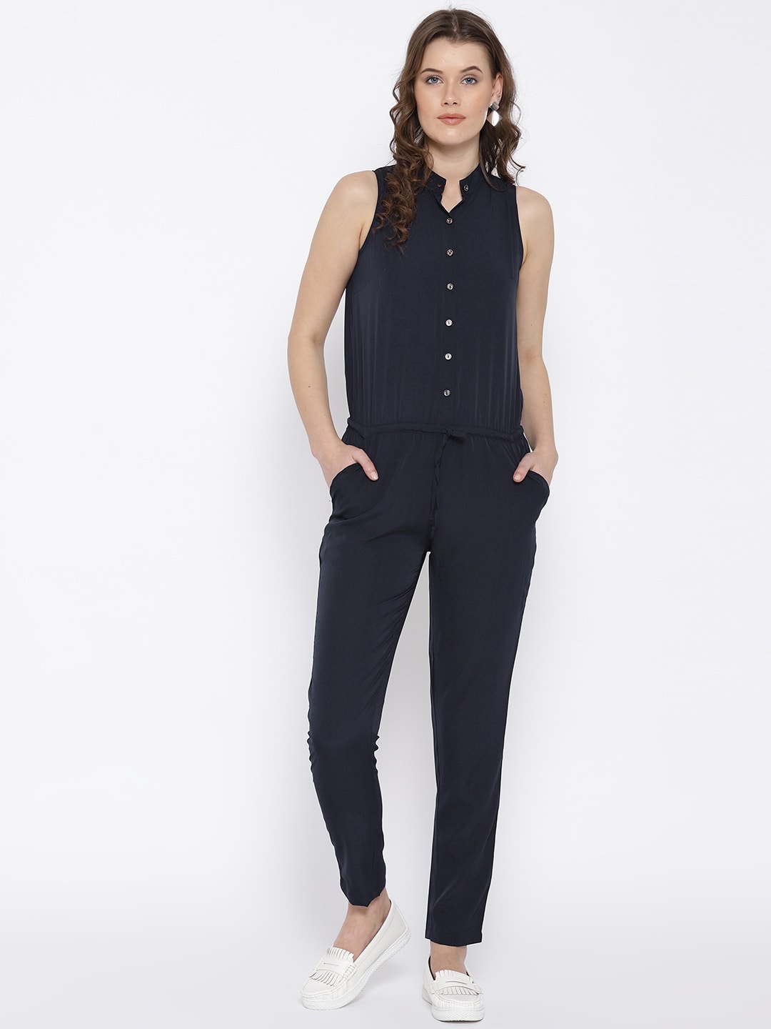 Cottinfab Navy Blue Solid Basic Jumpsuit Price in India