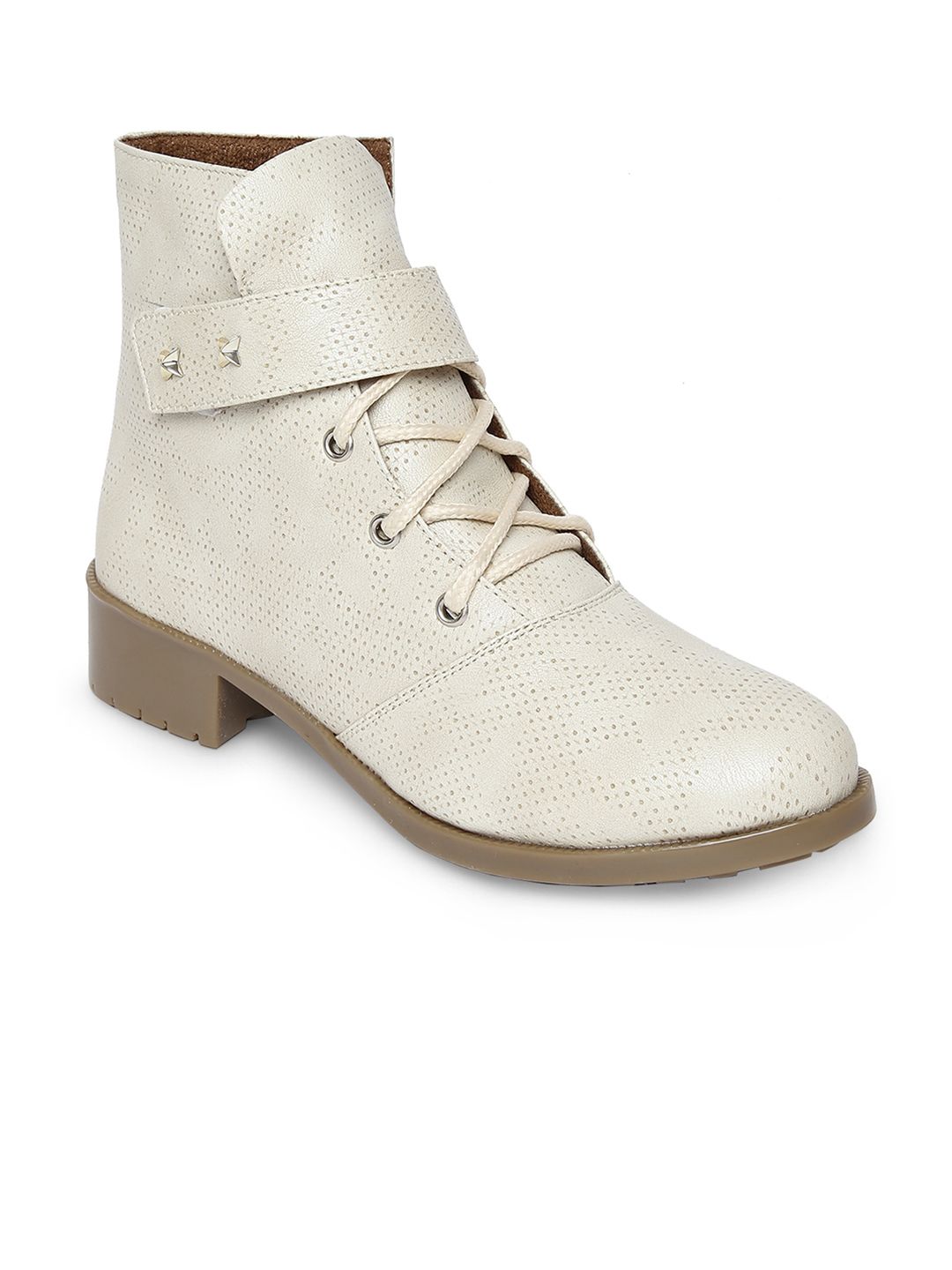 Marc Loire Women Cream-Coloured Perforations Synthetic Leather Mid-Top Flat Boots Price in India