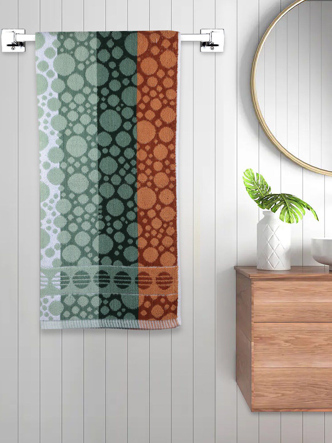 FABINALIV Green 1 Piece Striped Cotton Bath Towel