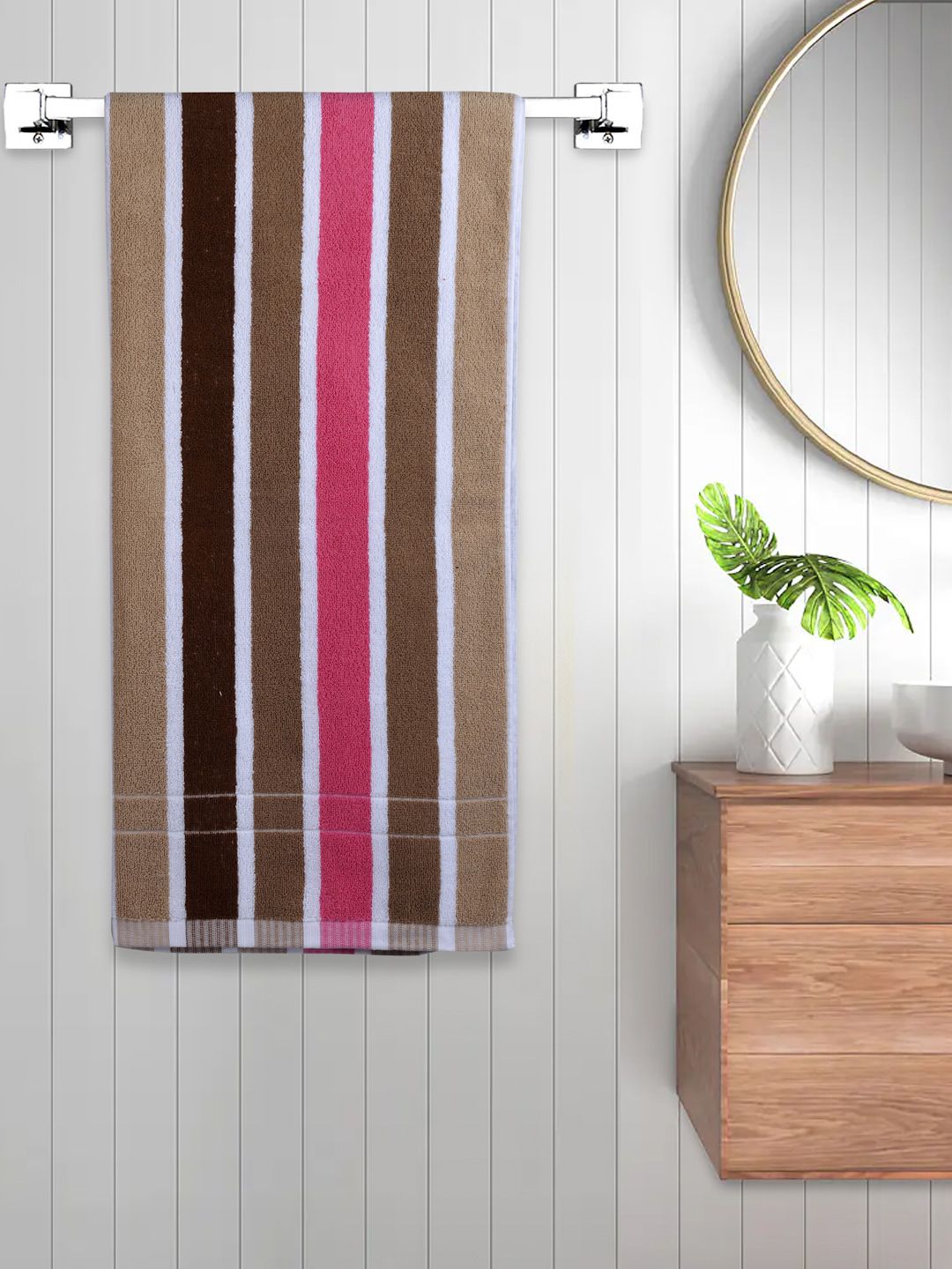 FABINALIV Brown 1 Piece Popcorn Striped Cotton Bath Towel