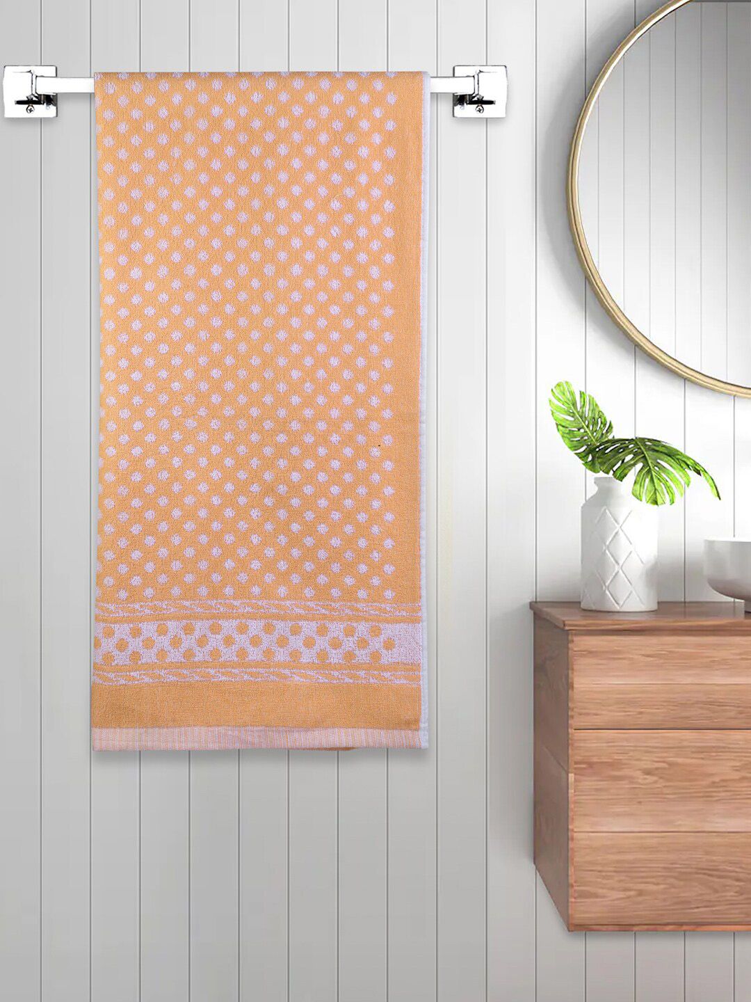 FABINALIV Yellow & White Polka Dots Printed 450 GSM Cotton Bath Towel