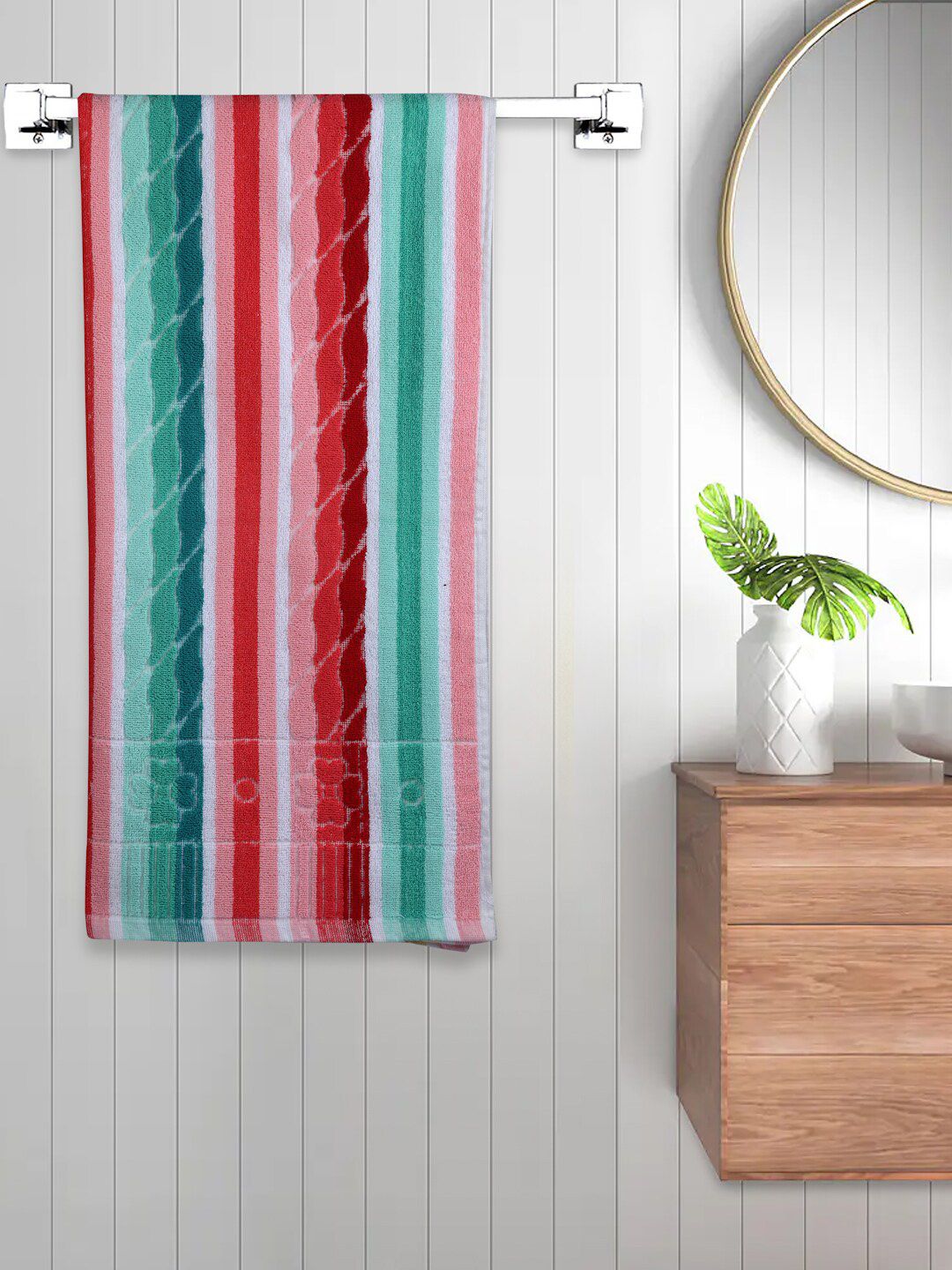 FABINALIV Red & Green Striped 450 GSM Cotton Bath Towel