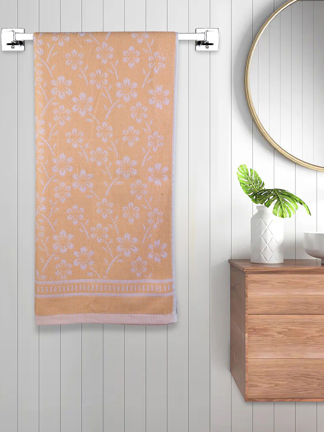 FABINALIV Yellow & White Floral Printed 450 GSM Cotton Bath Towel