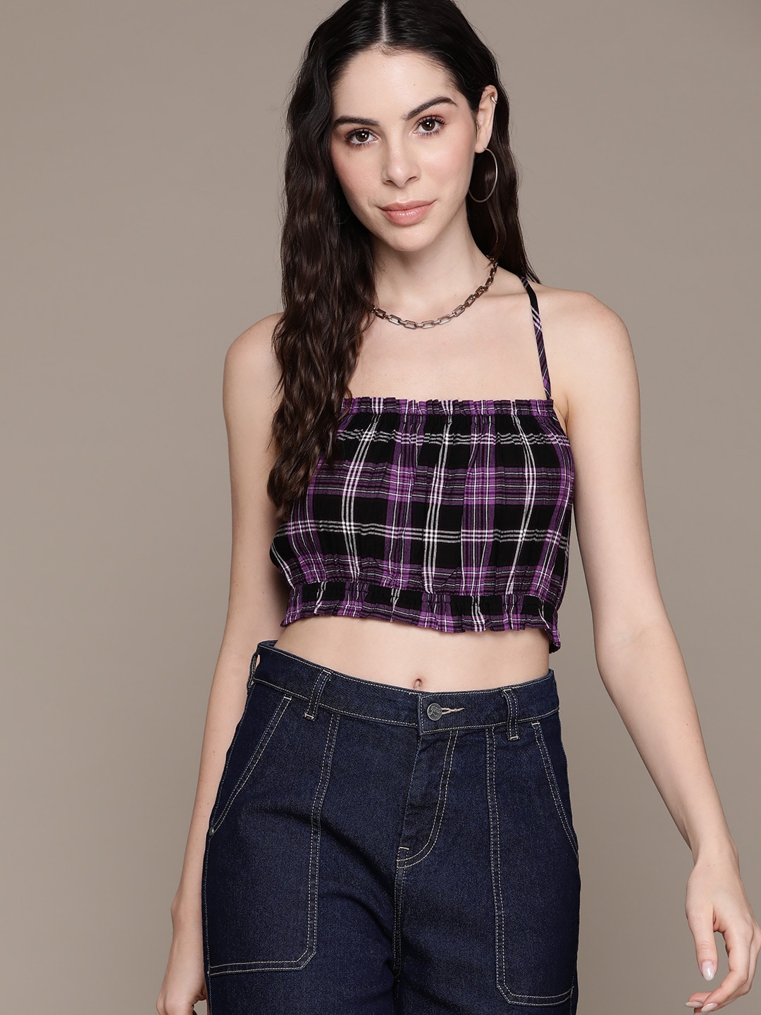 The Roadster Lifestyle Co. Checked Pure Cotton Shoulder Straps Crop Top Price in India
