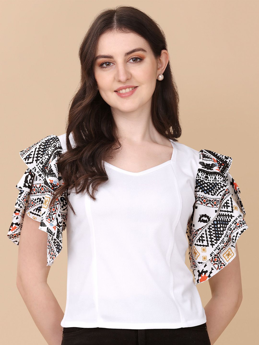 Paralians Abstract Printed Layered Flutter Sleeves Top Price in India