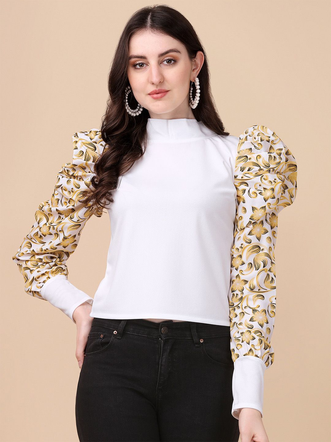 Paralians Floral Printed Puff Sleeves High Neck Top Price in India