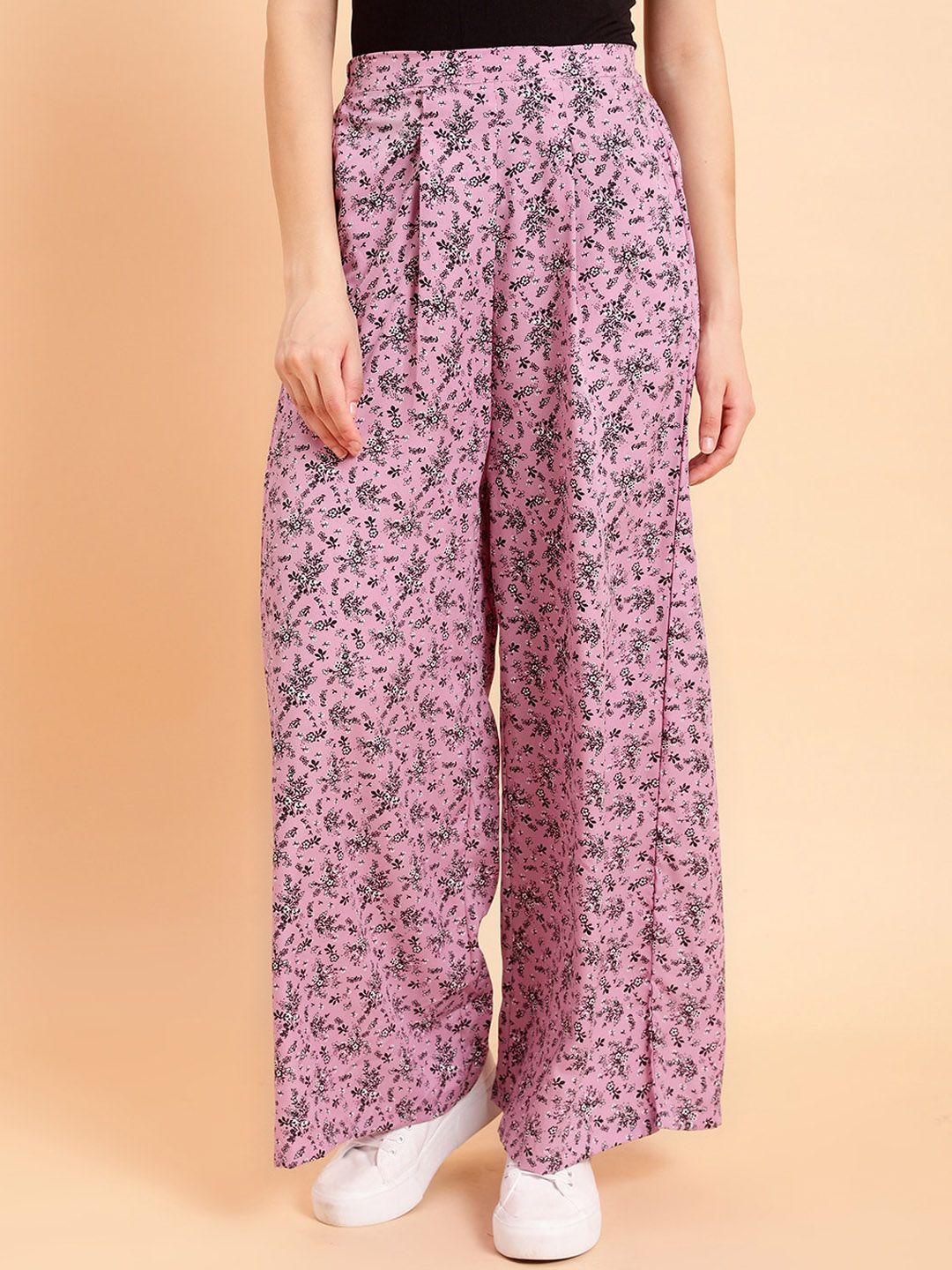 MINT STREET Women Floral Printed Mid Rise Plain Parallel Trousers Price in India