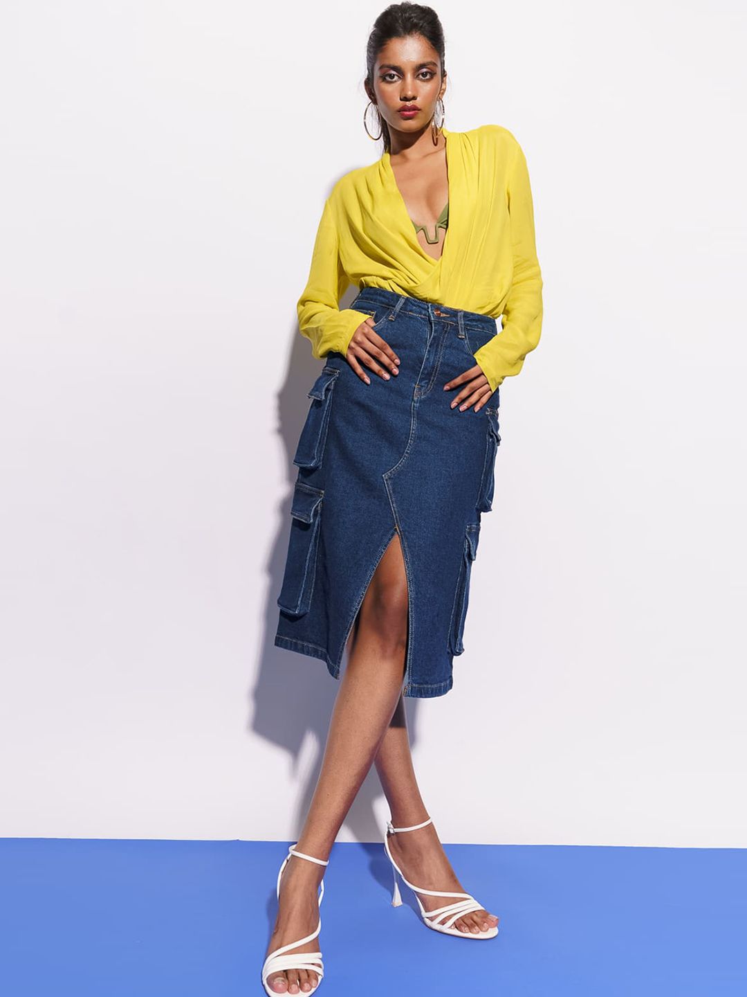 FREAKINS Blue Denim Cargo Pockets Midi Skirt Price in India