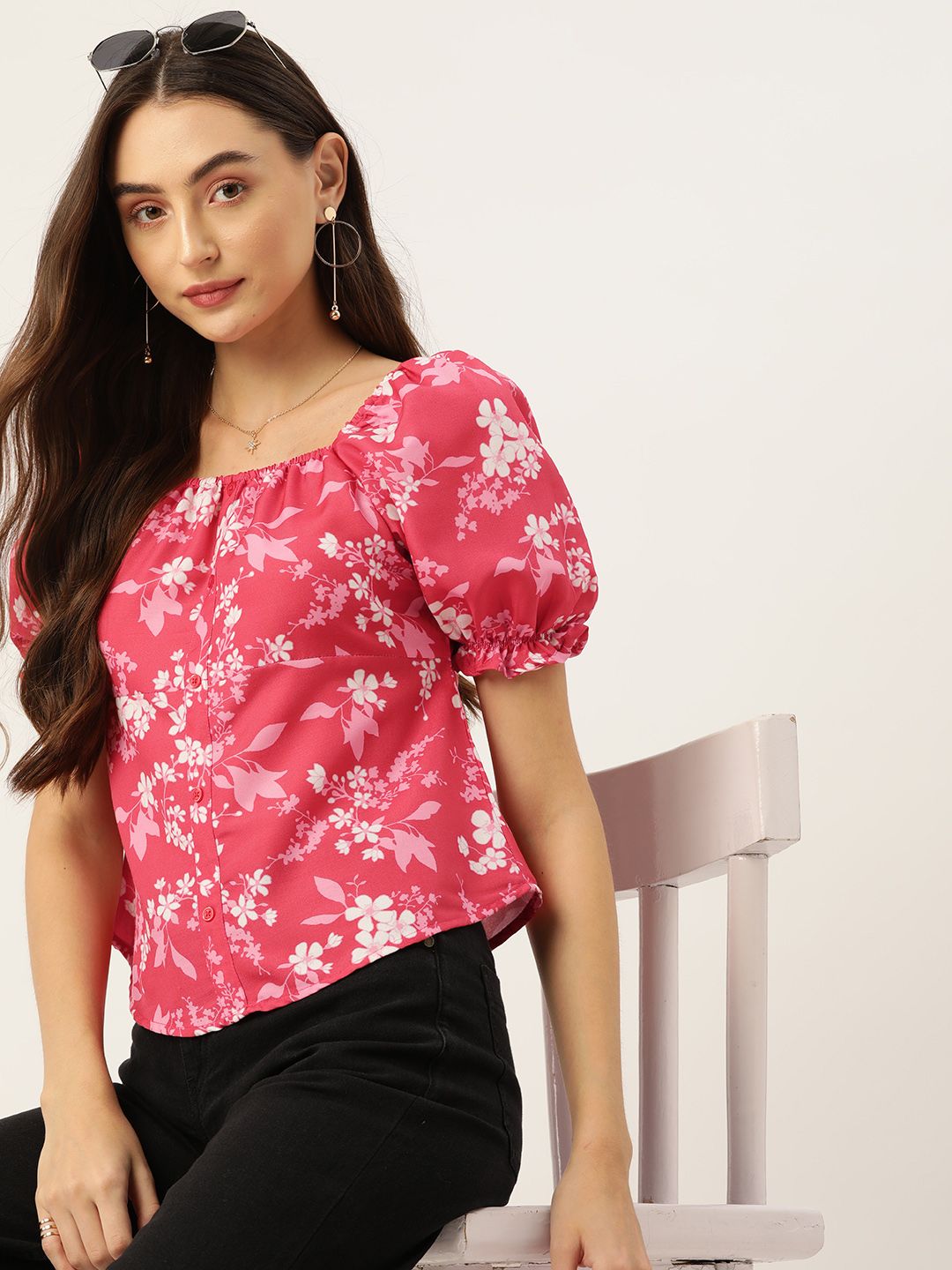 DressBerry Floral Print Puff Sleeves Top Price in India