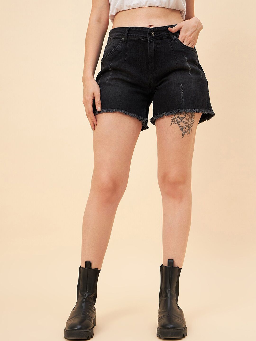 High Star Women Mid-Rise Distressed Denim Shorts Price in India