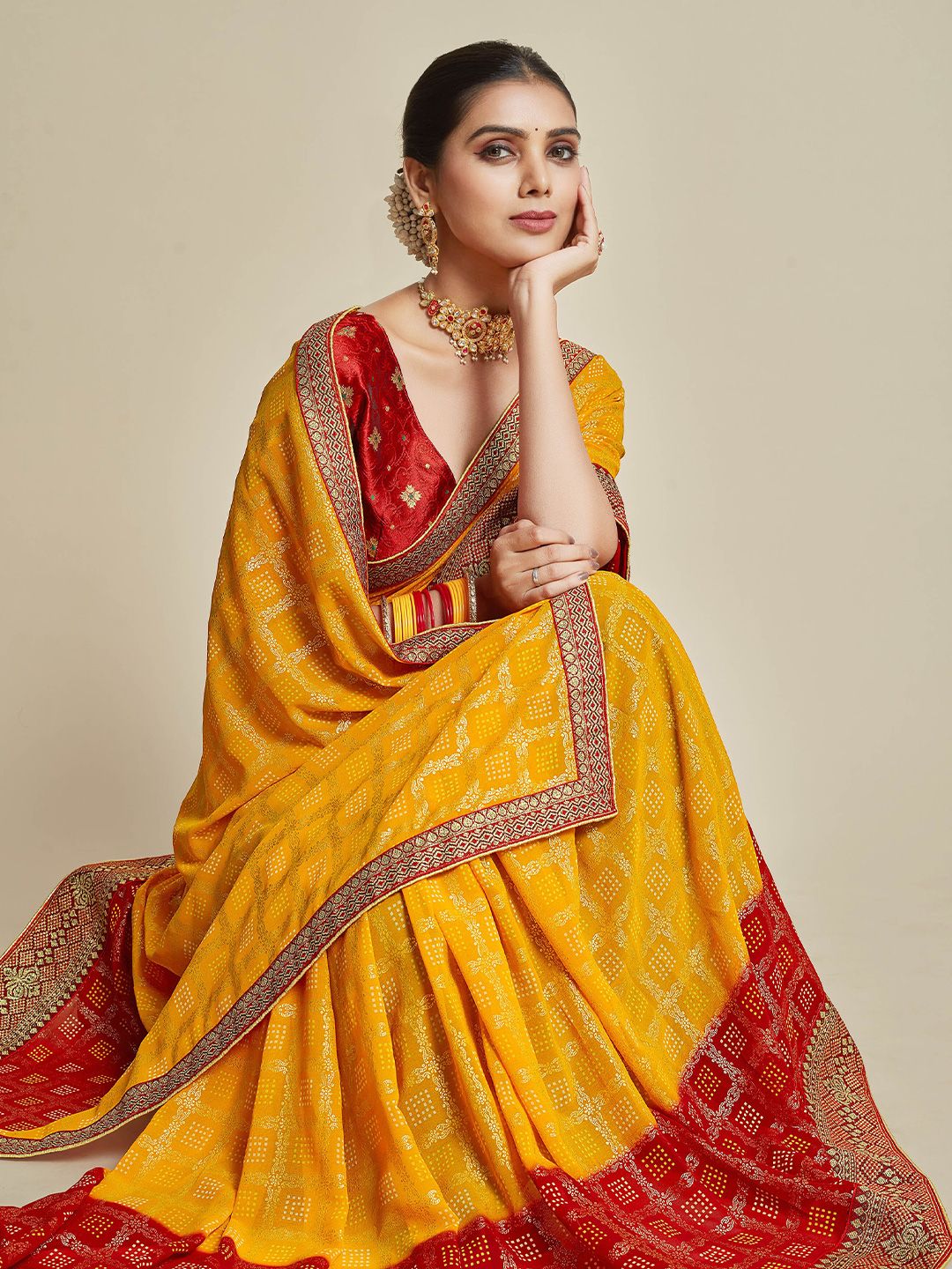 Sangria Yellow & Red Bandhani Saree Price in India