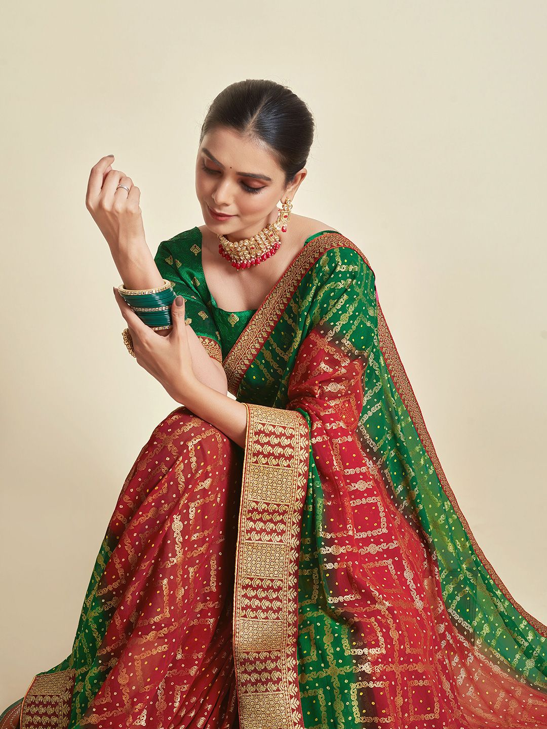 Sangria Red & Green Woven Design Zari Poly Georgette Bandhani Saree Price in India