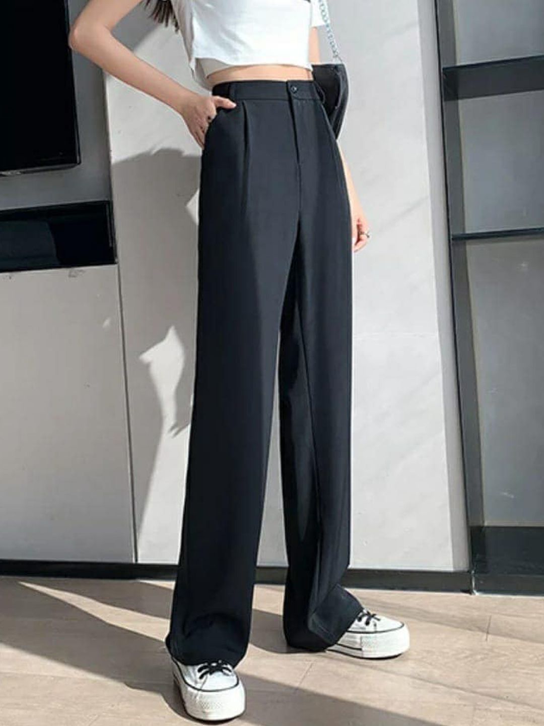 Next One Women Relaxed Straight Leg Loose Fit High-Rise Easy Wash Formal Trousers Price in India