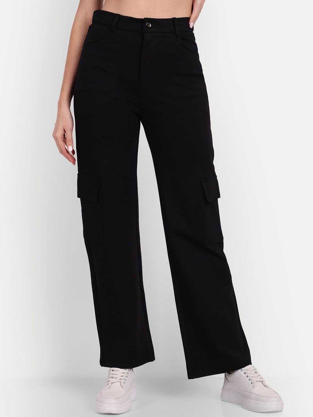 Next One Women Black Relaxed Straight Leg Loose Fit High-Rise Easy Wash Cargos Trousers Price in India