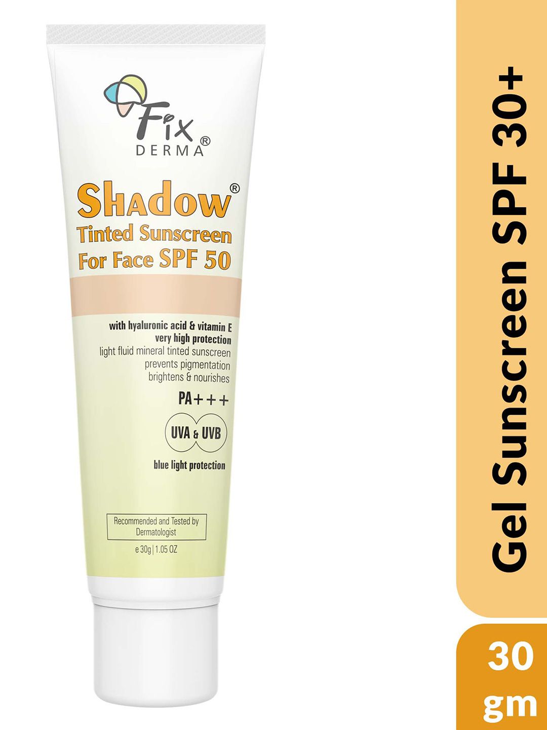 FIXDERMA Shadow Tinted SPF 50 PA+++ Sunscreen with Vitamin E & Hyaluronic Acid - 30 g