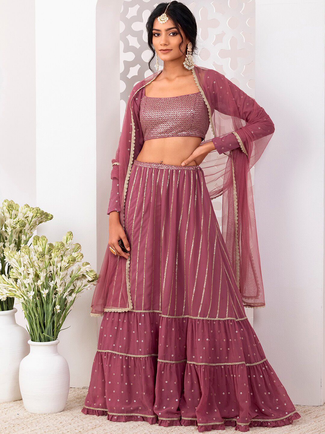 Indya Luxe Pink & Gold-Toned Embroidered Ready to Wear Lehenga & Blouse With Dupatta Price in India