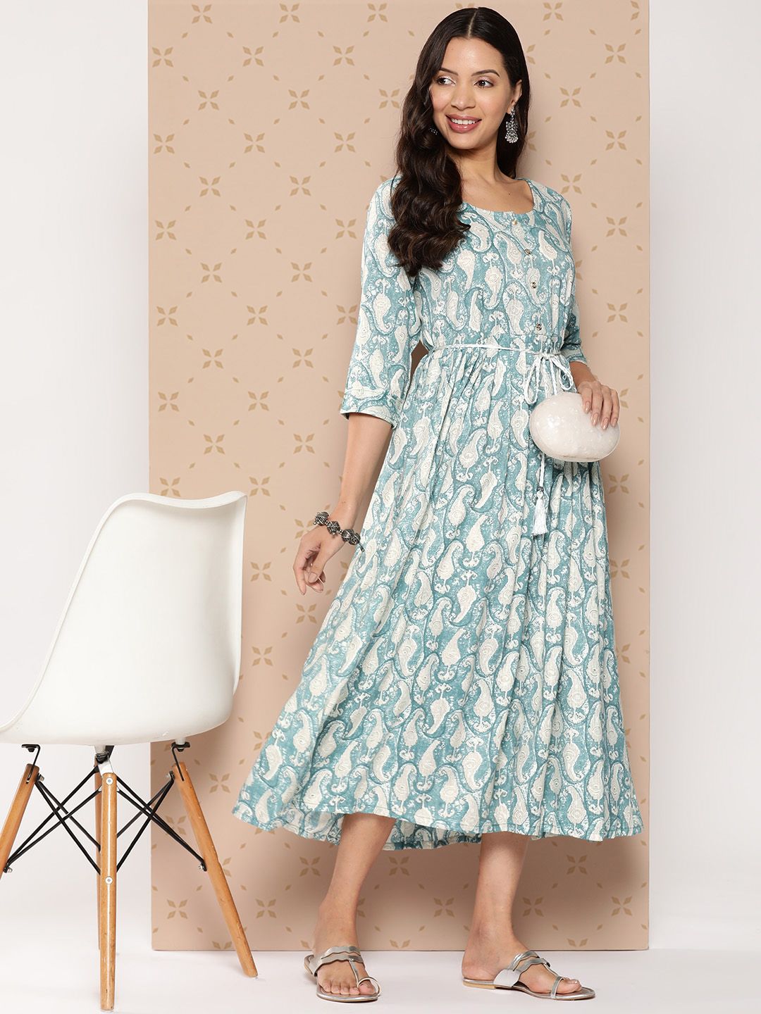 Buy ZOLA Ethnic Motifs Print A-Line Midi Dress with Tie-Ups Detail